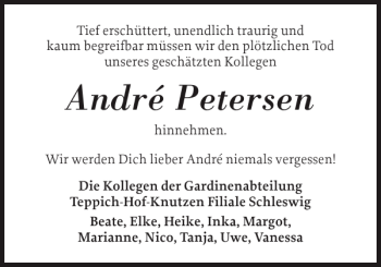 Traueranzeige von André Petersen von Schleswiger Nachrichten