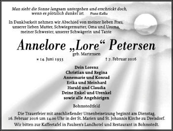 Traueranzeige von Annelore 'Lore' Petersen von Husumer Nachrichten