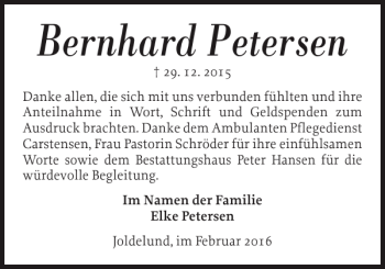 Traueranzeige von Bernhard Petersen von Flensburger Tageblatt