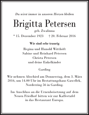 Traueranzeige von Brigitta Petersen von Husumer Nachrichten