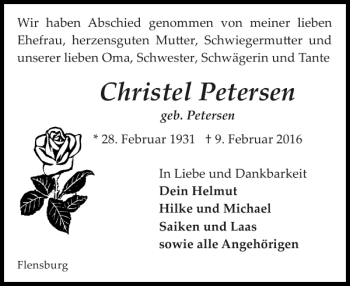 Traueranzeige von Christel Petersen von Flensburger Tageblatt