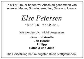 Traueranzeige von Else Petersen von Holsteinischer Courier