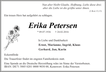 Traueranzeige von Erika Petersen von Eckernförder Zeitung