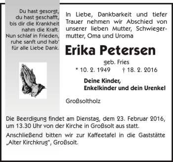 Traueranzeige von Erika Petersen von Flensburger Tageblatt