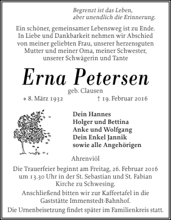 Traueranzeige von Erna Petersen von Husumer Nachrichten