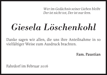 Traueranzeige von Giesela Löschenkohl von Schleswiger Nachrichten
