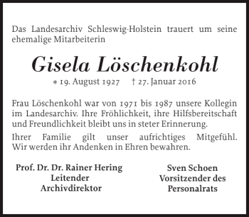 Traueranzeige von Gisela Löschenkohl von Schleswiger Nachrichten