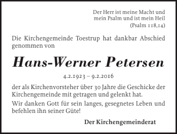 Traueranzeige von Hans-Werner Petersen von Schlei-Bote