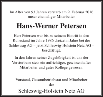 Traueranzeige von Hans-Werner Petersen von Flensburger Tageblatt