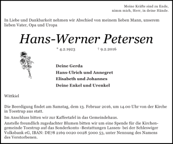 Traueranzeige von Hans-Werner Petersen von Schlei-Bote