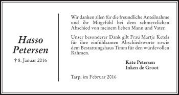 Traueranzeige von Hasso Petersen von Flensburger Tageblatt