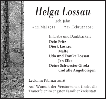Traueranzeige von Helga Lossau von Nordfriesland Tageblatt