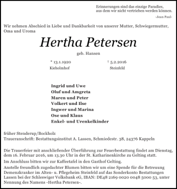 Traueranzeige von Hertha Petersen von Flensburger Tageblatt