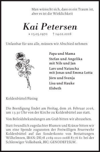 Traueranzeige von Kai Petersen von Schleswiger Nachrichten
