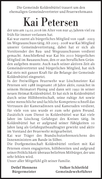 Traueranzeige von Kai Petersen von Husumer Nachrichten