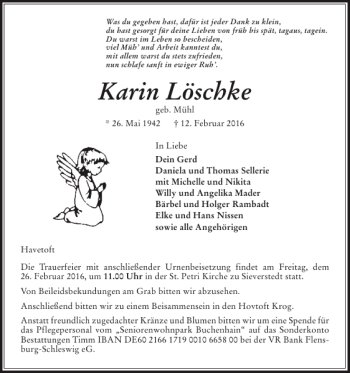Traueranzeige von Karin Löschke von Flensburger Tageblatt