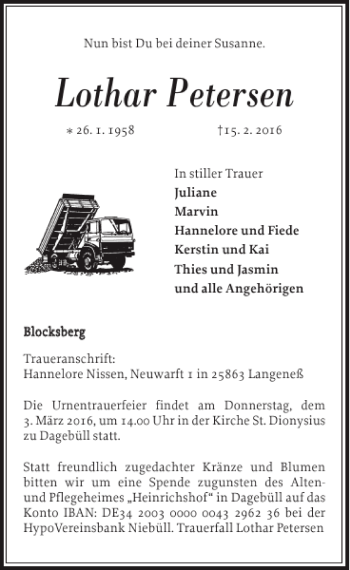 Traueranzeige von Lothar Petersen von Nordfriesland Tageblatt