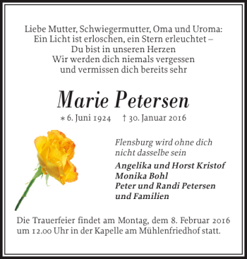 Traueranzeige von Marie Petersen von Flensburger Tageblatt
