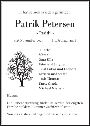 Traueranzeige von Patrik Petersen von Husumer Nachrichten
