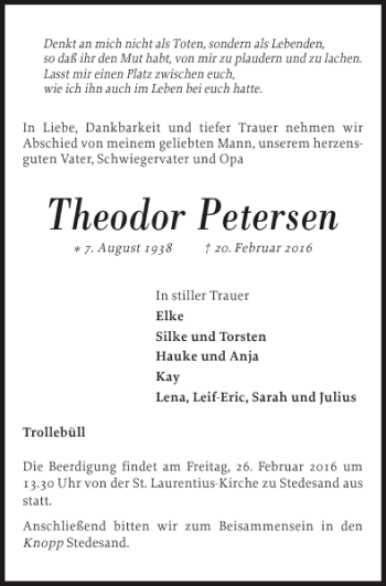 Traueranzeige von Theodor Petersen von Nordfriesland Tageblatt