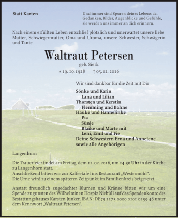 Traueranzeige von Waltraut Petersen von Flensburger Tageblatt