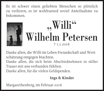 Traueranzeige von Willi Wilhelm Petersen von Husumer Nachrichten