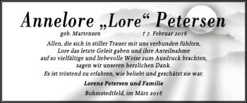 Traueranzeige von Annelore 'Lore' Petersen geb. Martensen von Husumer Nachrichten