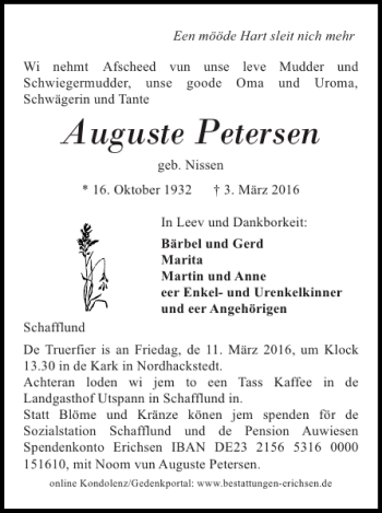 Traueranzeige von Auguste Petersen von Flensburger Tageblatt
