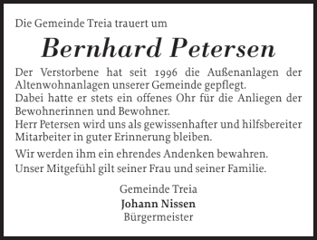 Traueranzeige von Bernhard Petersen von Schleswiger Nachrichten