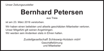 Traueranzeige von Bernhard Petersen von Schleswiger Nachrichten