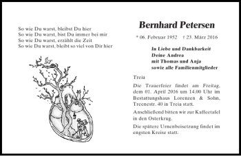 Traueranzeige von Bernhard Petersen von Flensburger Tageblatt