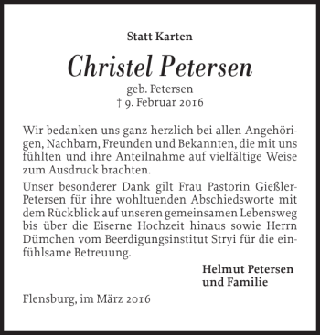 Traueranzeige von Christel Petersen von Flensburger Tageblatt