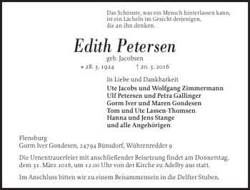 Traueranzeige von Edith Petersen von Flensburger Tageblatt