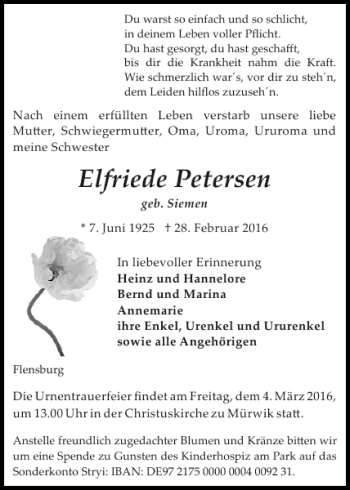 Traueranzeige von Elfriede Petersen von Flensburger Tageblatt