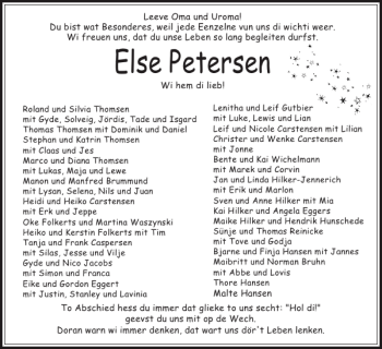 Traueranzeige von Else Petersen von Husumer Nachrichten