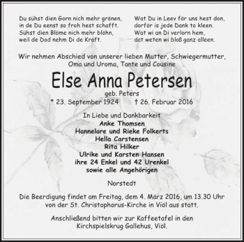 Traueranzeige von Else Anna Petersen von Husumer Nachrichten