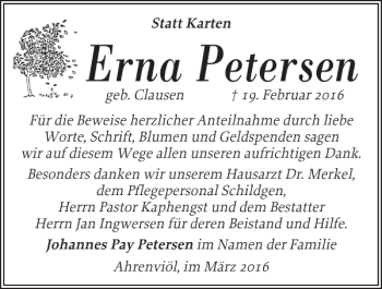 Traueranzeige von Erna Petersen von Husumer Nachrichten