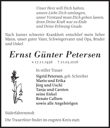 Traueranzeige von Ernst Günter Petersen von Schleswiger Nachrichten
