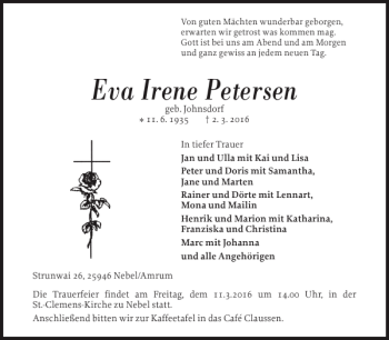 Traueranzeige von Eva Irene Petersen von Der Insel-Bote