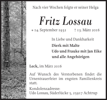 Traueranzeige von Fritz Lossau von Nordfriesland Tageblatt