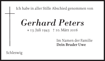 Traueranzeige von Gerhard Peters von Schleswiger Nachrichten