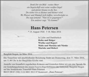 Traueranzeige von Hans Petersen von Stormarner Tageblatt