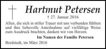 Traueranzeige von Hartmut Petersen von Husumer Nachrichten