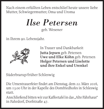 Traueranzeige von Ilse Petersen von Schleswiger Nachrichten