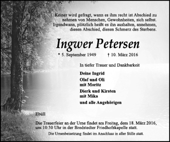 Traueranzeige von Ingwer Petersen von Husumer Nachrichten