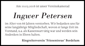 Traueranzeige von Ingwer Petersen von Husumer Nachrichten