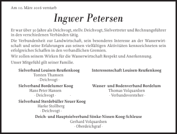 Traueranzeige von Ingwer Petersen von Husumer Nachrichten