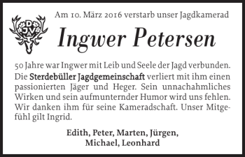 Traueranzeige von Ingwer Petersen von Husumer Nachrichten
