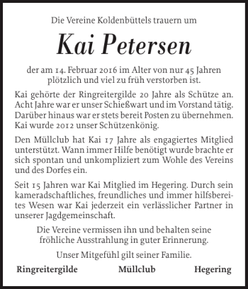 Traueranzeige von Kai Petersen von Husumer Nachrichten