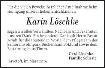 Traueranzeige von Karin Löschke von Flensburger Tageblatt